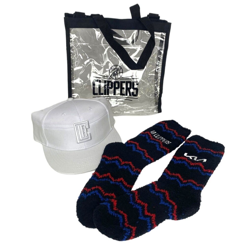 Los Angeles Clippers Snapback White Hat Cap,Kia Fussy Socks & Clear Stadium Tote